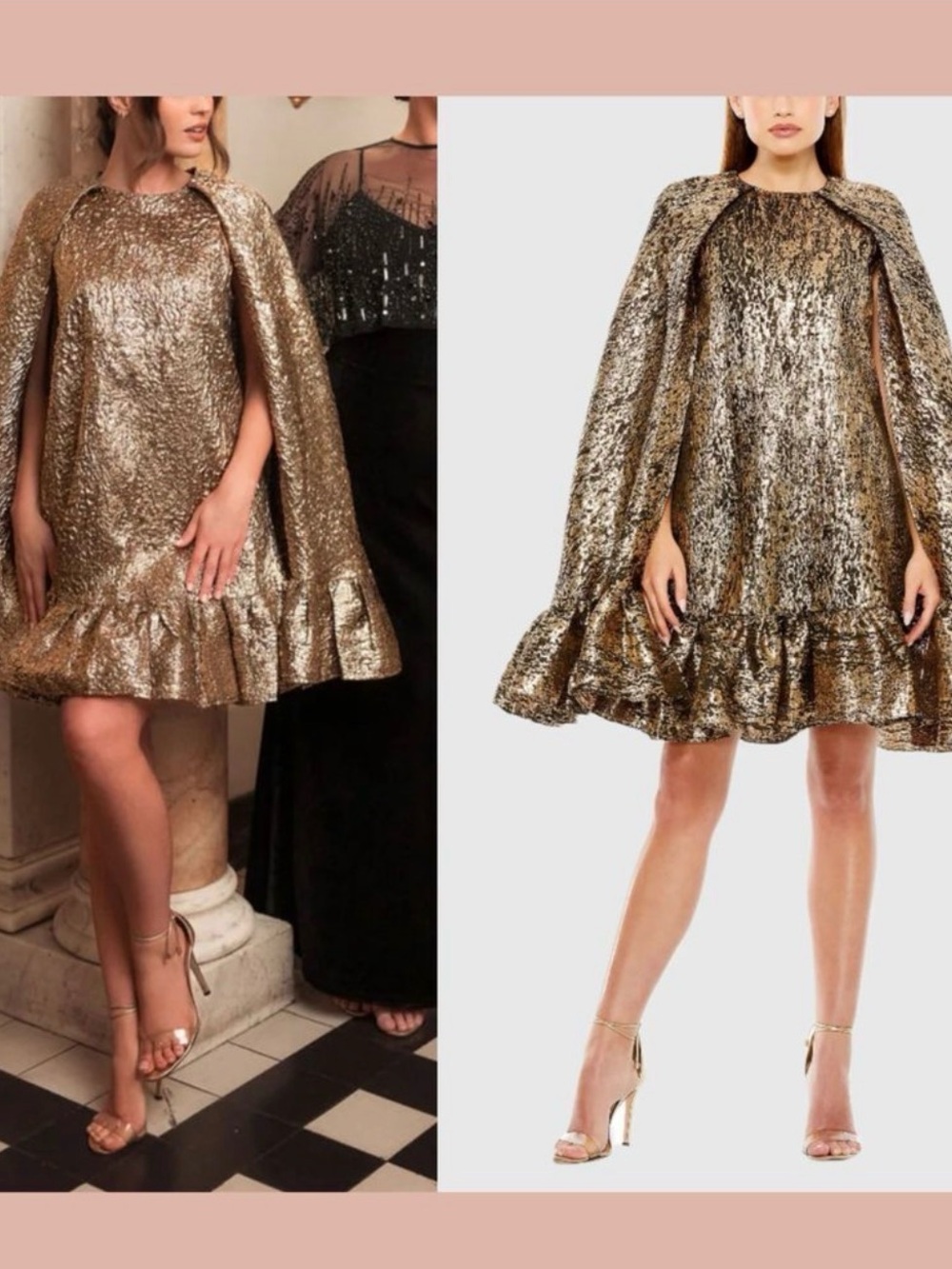Mac Duggal Metallic Gold Ruffle-Hem High Neck Cape Trapeze Mini Dress